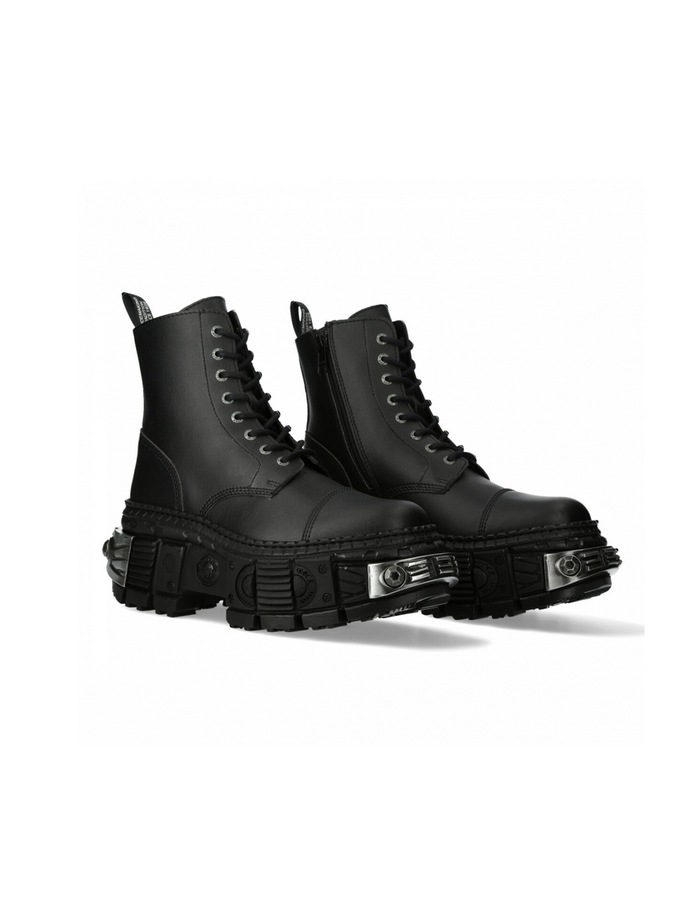 NEW ROCK Black Lace-Up Ankle Boots for Men and Women with sturdy platform heel and military design.