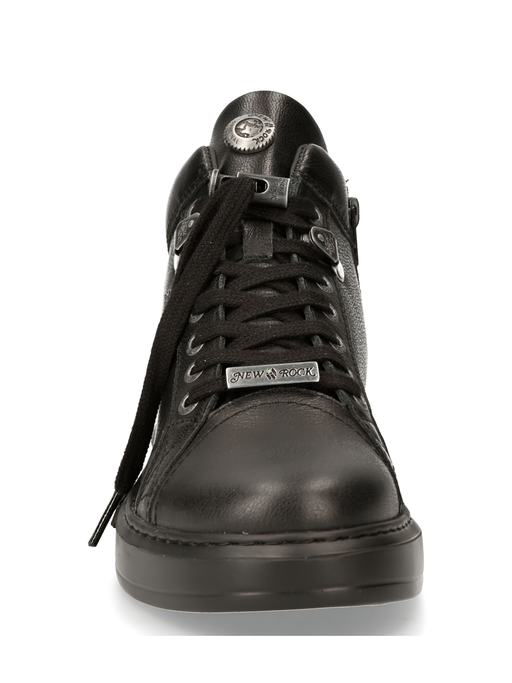 Front view of NEW ROCK Men's Black Lace-Up Boots, featuring metallic details and urban punk style.