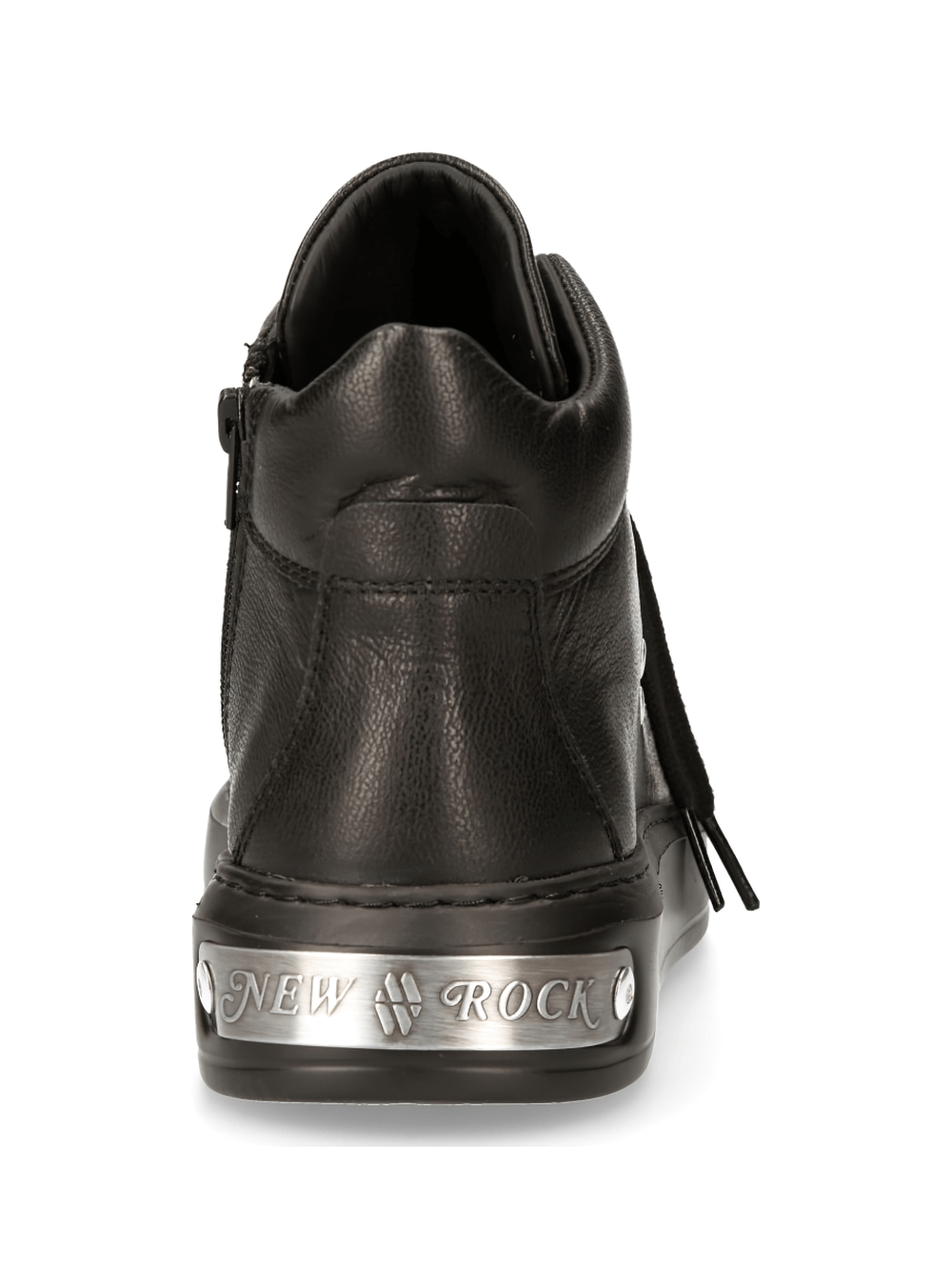 Back view of NEW ROCK Men's Black Lace-Up Boots showcasing metallic details and urban punk styling.