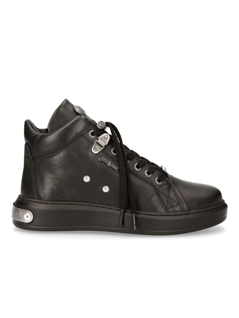 NEW ROCK Men's Black Lace-Up Boots with metallic details, urban punk style, durable synthetic leather, flat heel, and rubber sole.