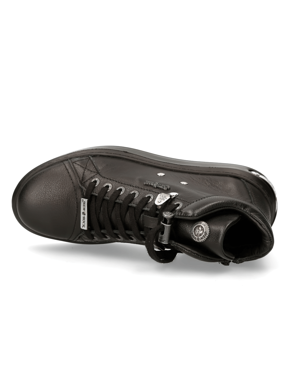 Top view of NEW ROCK Men's Black Lace-Up Boots featuring metallic details and urban punk style accents.