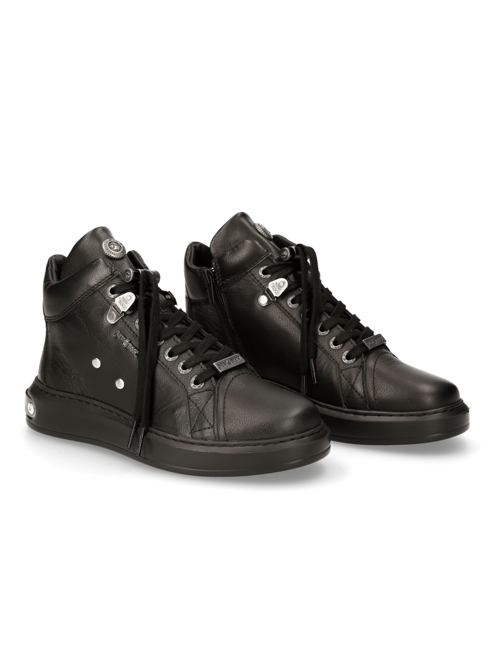 NEW ROCK men's black lace-up boots showcasing metallic details and urban punk style, perfect for any gender.