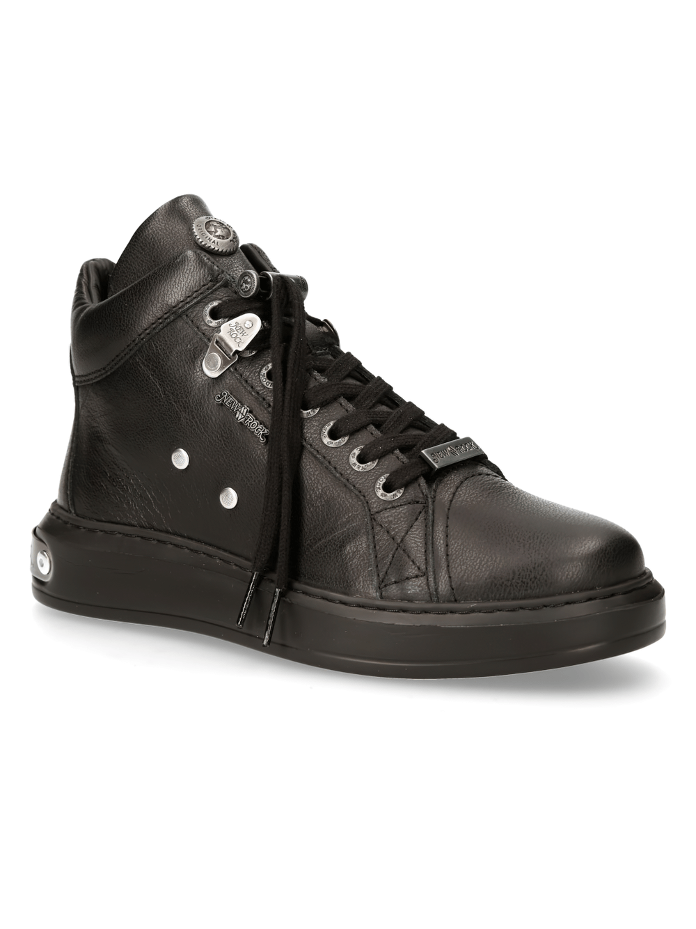 NEW ROCK Men's Black Lace-Up Boots featuring metallic details and chain accents for an urban punk style.