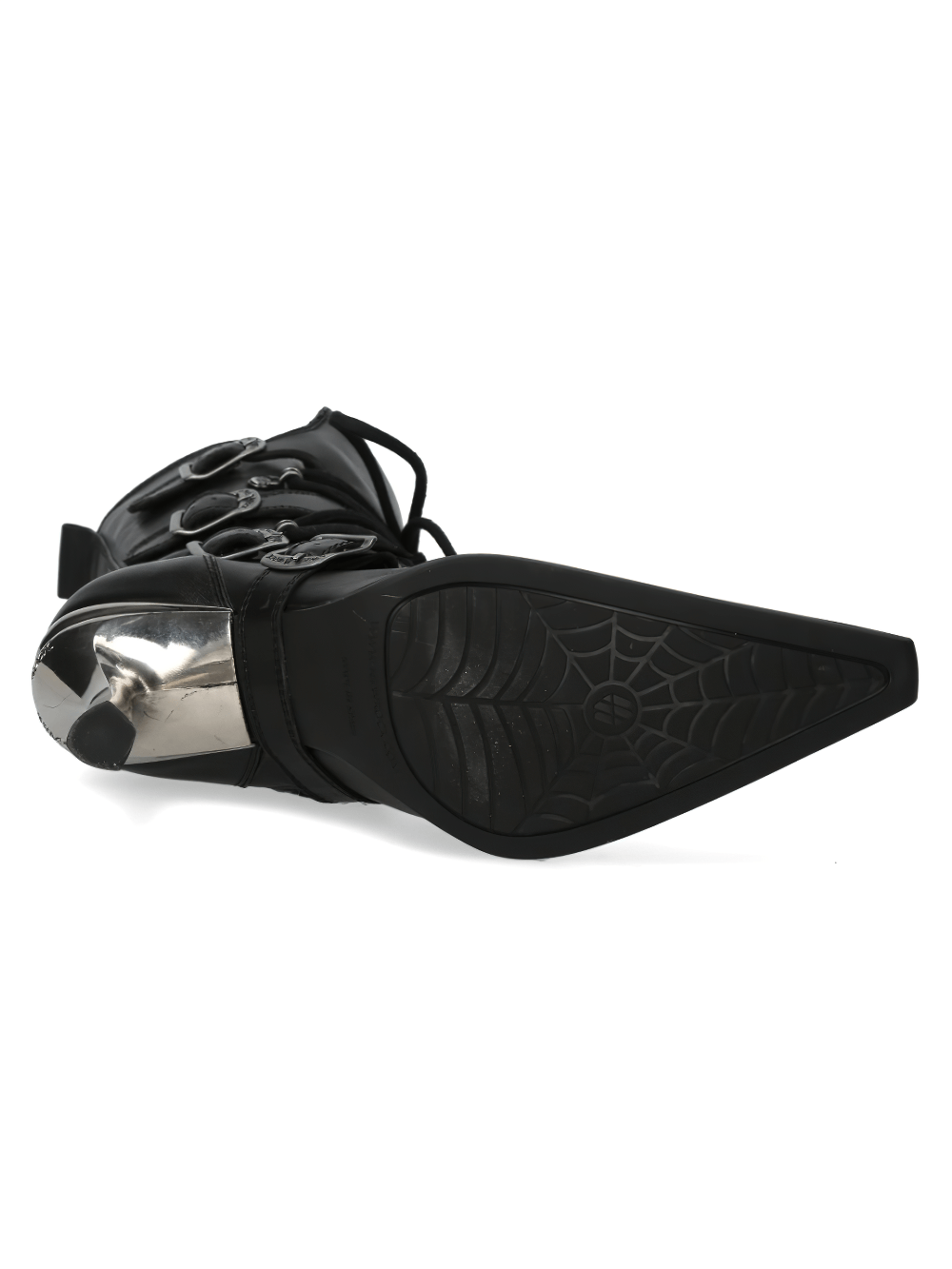 Bottom view of NEW ROCK Black Lace-Up High Heel Boots with metallic toe and buckle details, showcasing urban fashion.