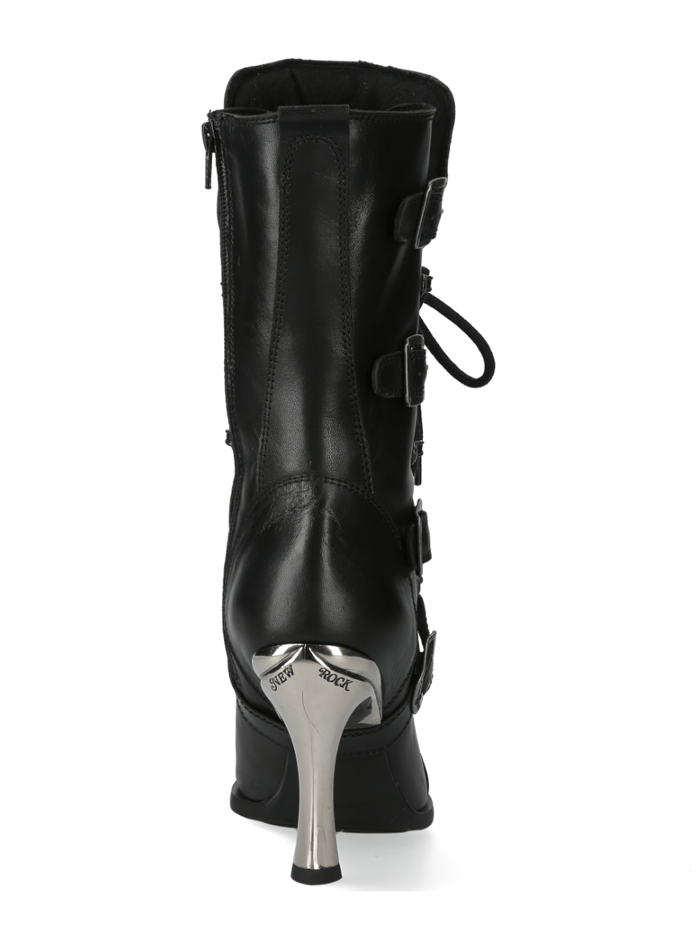 Back view of NEW ROCK Black Lace-Up High Heel Boots with Buckle Details, showcasing stylish metallic toe and edgy design.