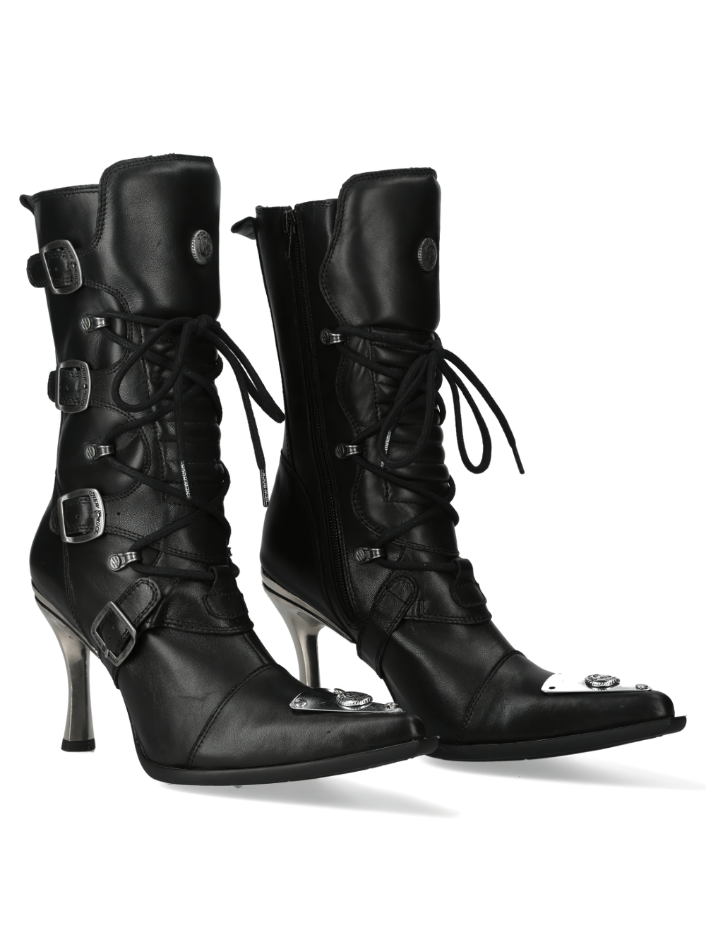 NEW ROCK Black Lace-Up High Heel Boots with Buckle Details, perfect for edgy urban fashion.