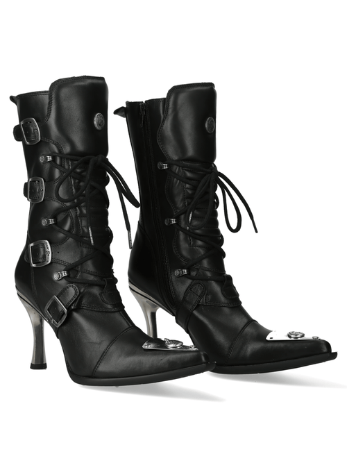 NEW ROCK Black Lace-Up High Heel Boots with Buckle Details