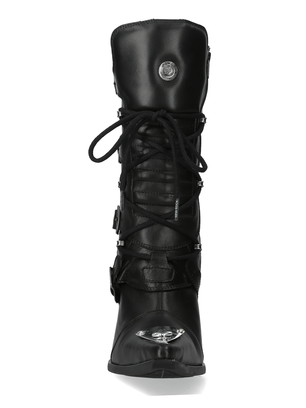 Front view of NEW ROCK Black Lace-Up High Heel Boots featuring metallic toe and buckle details, perfect for edgy urban fashion.