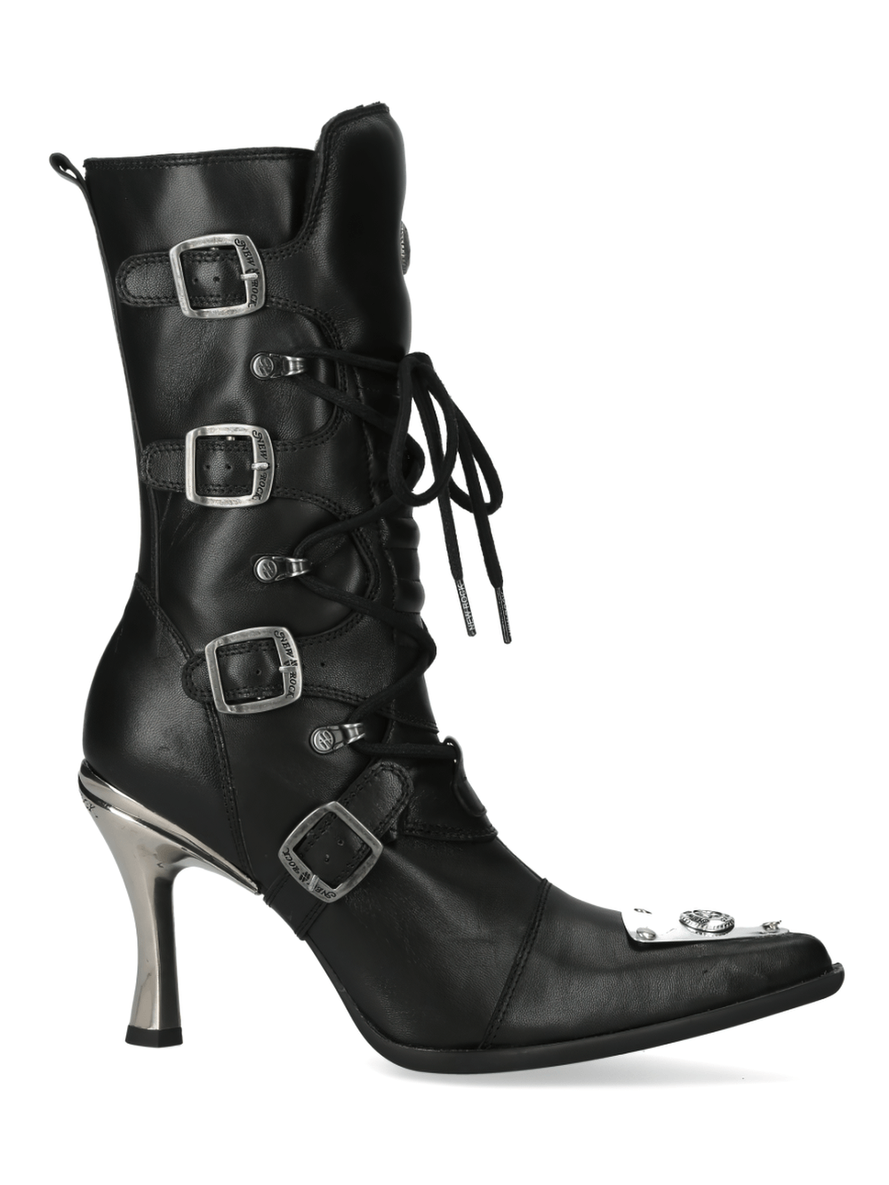 NEW ROCK Black lace-up high heel boots featuring metallic toe and buckle details for bold urban fashion.