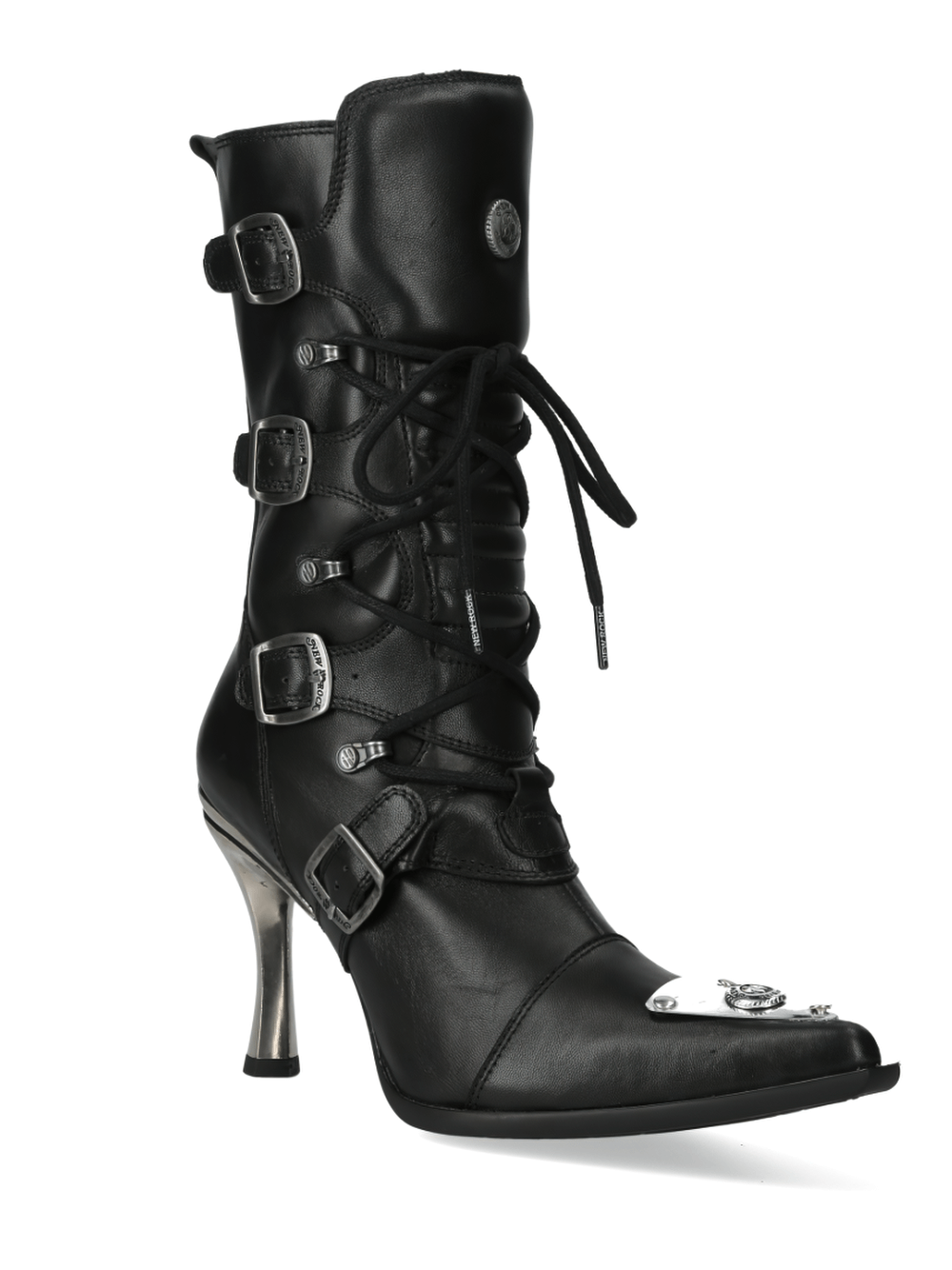 NEW ROCK Black Lace-Up High Heel Boots with Buckle Details, featuring metallic toe and edgy punk style.