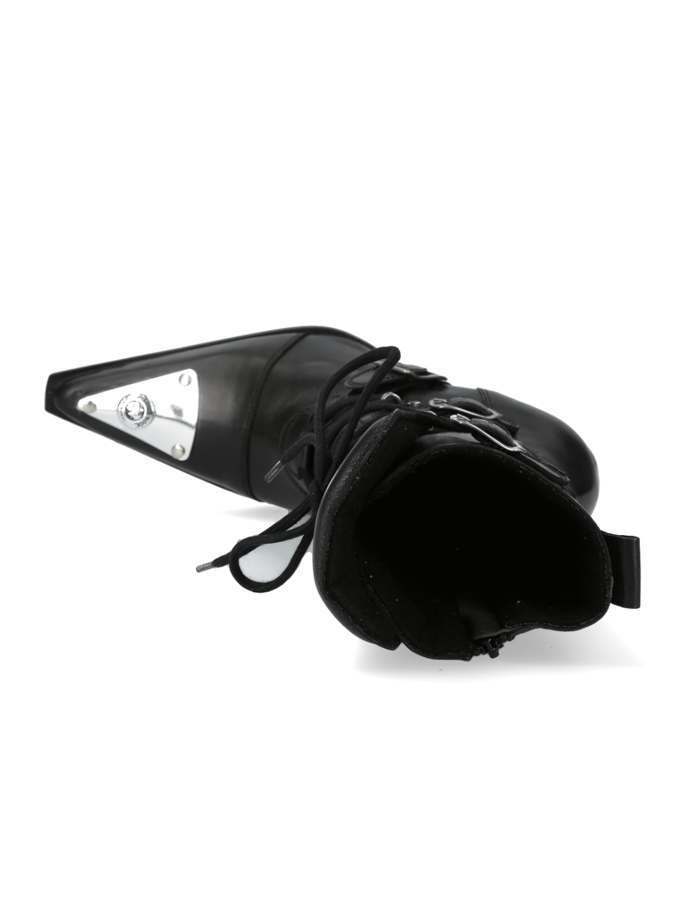 Black lace-up high heel boot with metallic toe and buckle details, showcasing punk-inspired rock style.