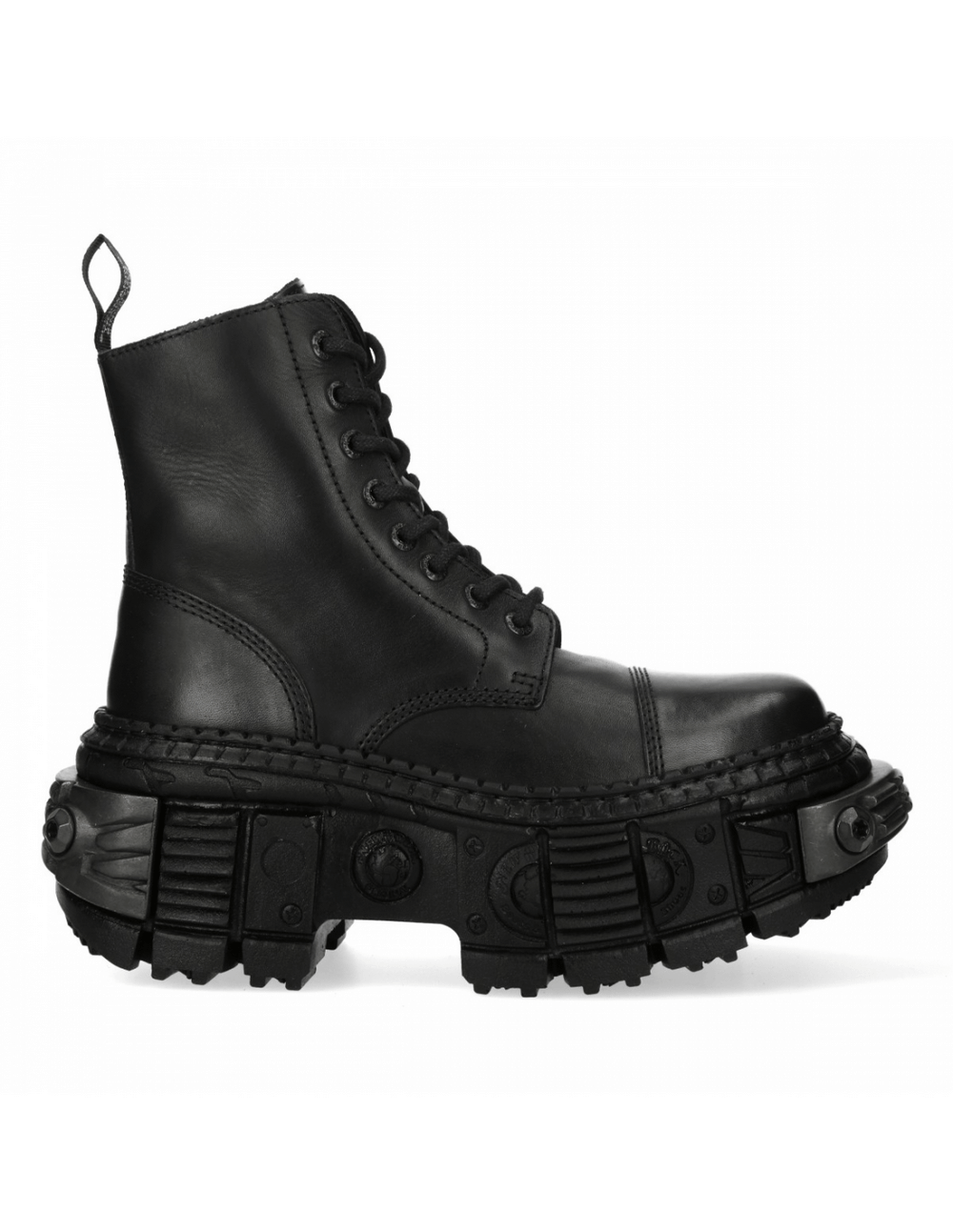 NEW ROCK unisex black lace-up leather ankle boots with chunky platform sole and military-inspired design.