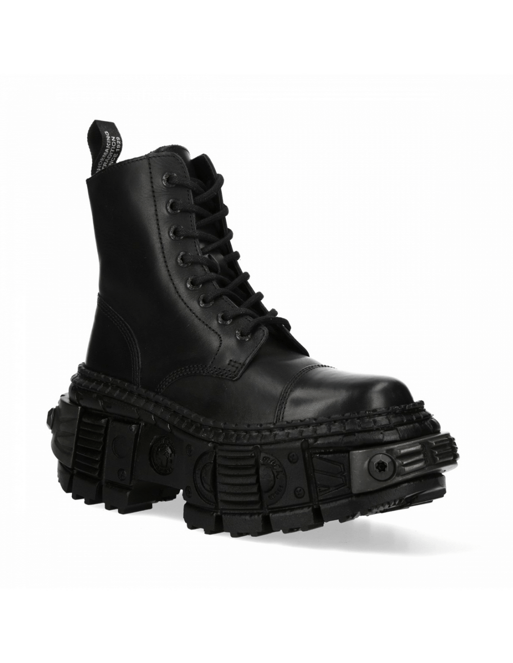 Stylish NEW ROCK black lace-up leather ankle boots with chunky platform sole, perfect for a bold urban look.