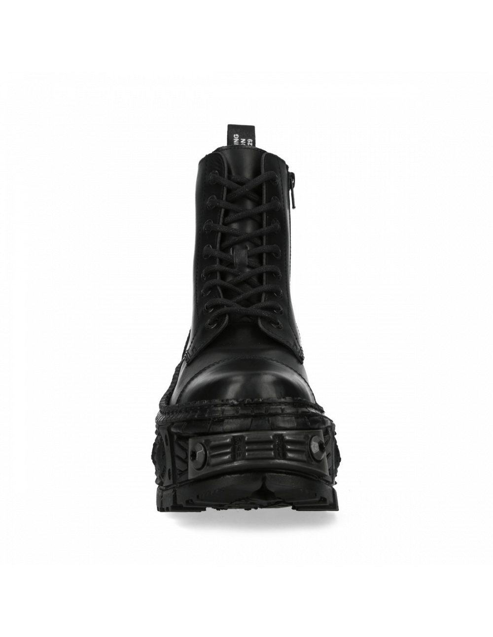 Front view of NEW ROCK black leather ankle boots with lace-up and zipper design, showcasing urban style and platform heel.