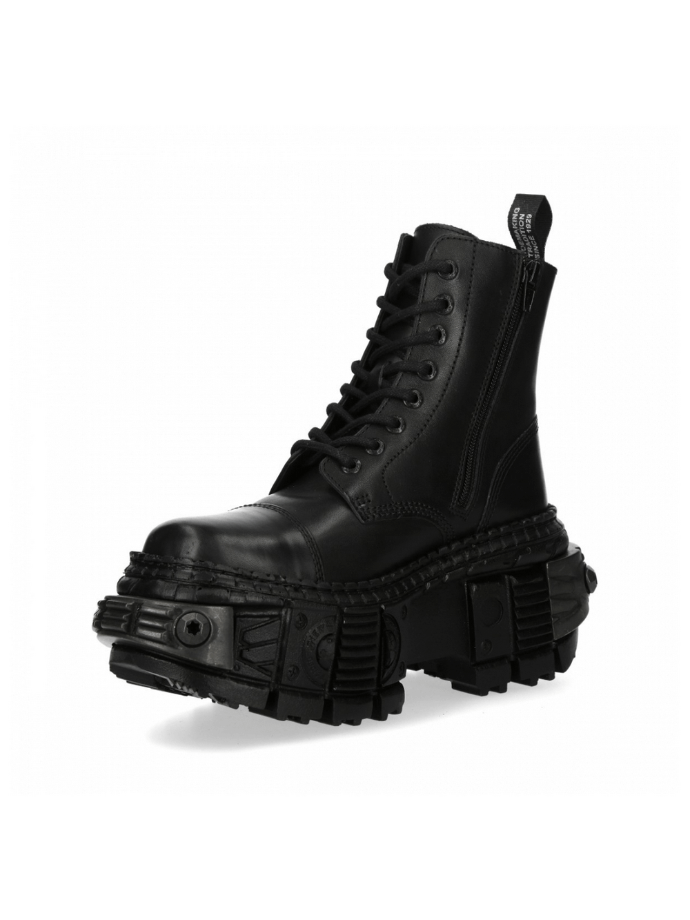 Unisex black lace-up leather ankle boots with platform heel and zipper, showcasing military rock style.