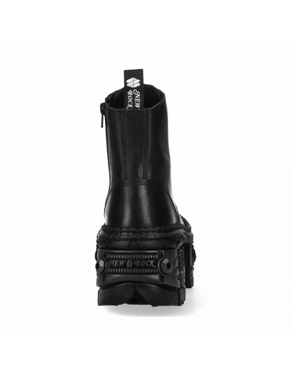 Back view of NEW ROCK black lace-up leather ankle boots with platform heel and zipper detailing.
