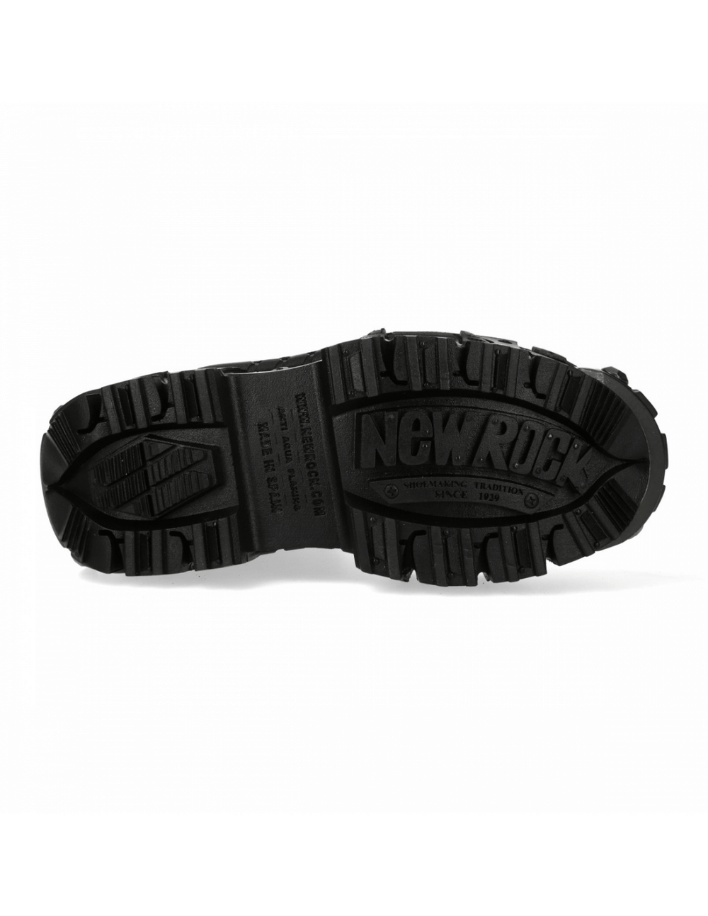 Sole of NEW ROCK unisex black lace-up leather ankle boots with grip and logo.