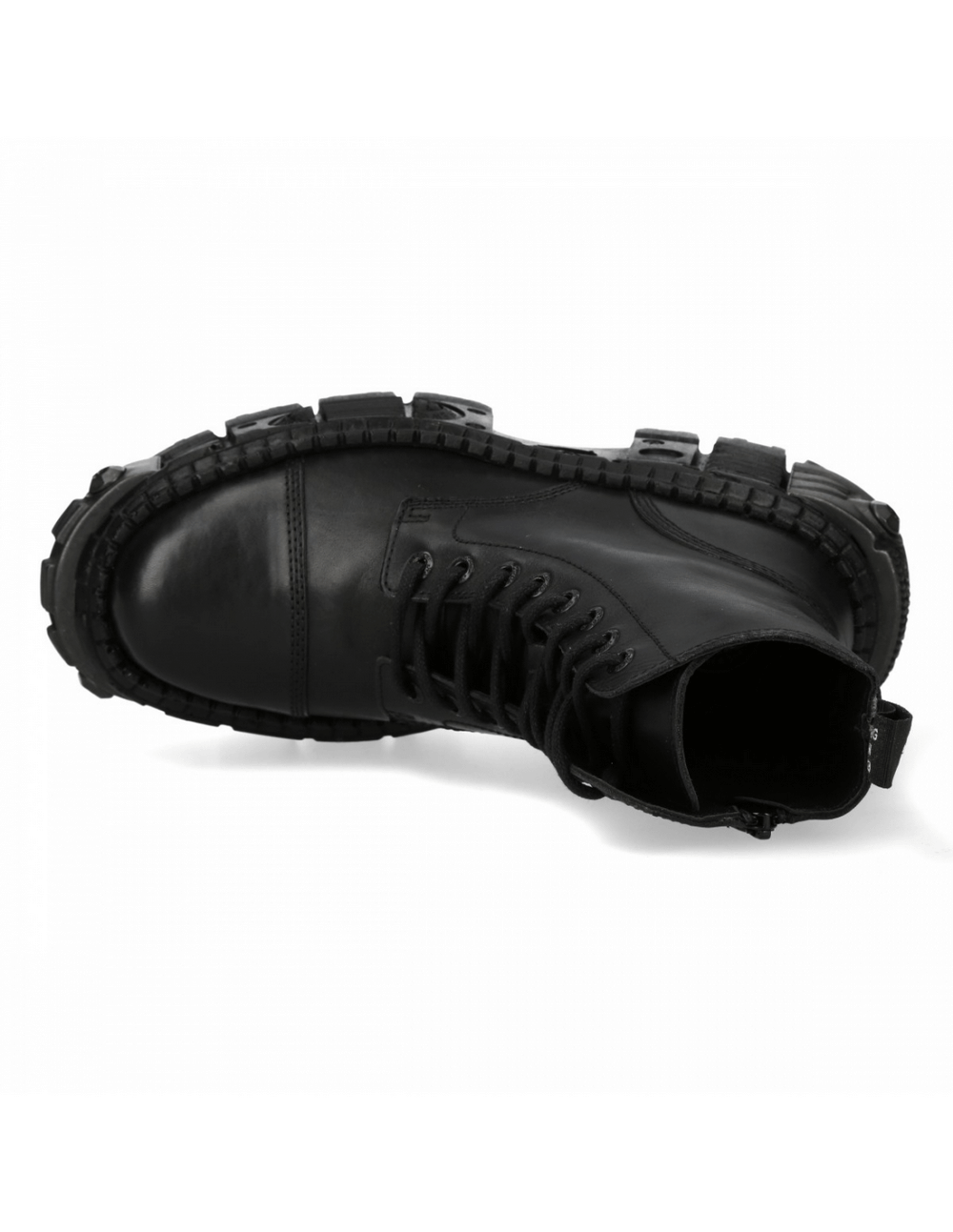 Top view of NEW ROCK black lace-up leather ankle boots, featuring a rugged platform sole and stylish military design.