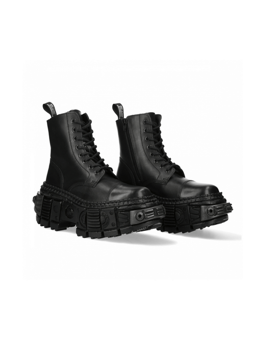 NEW ROCK Women's Black Lace-Up Leather Ankle Boots