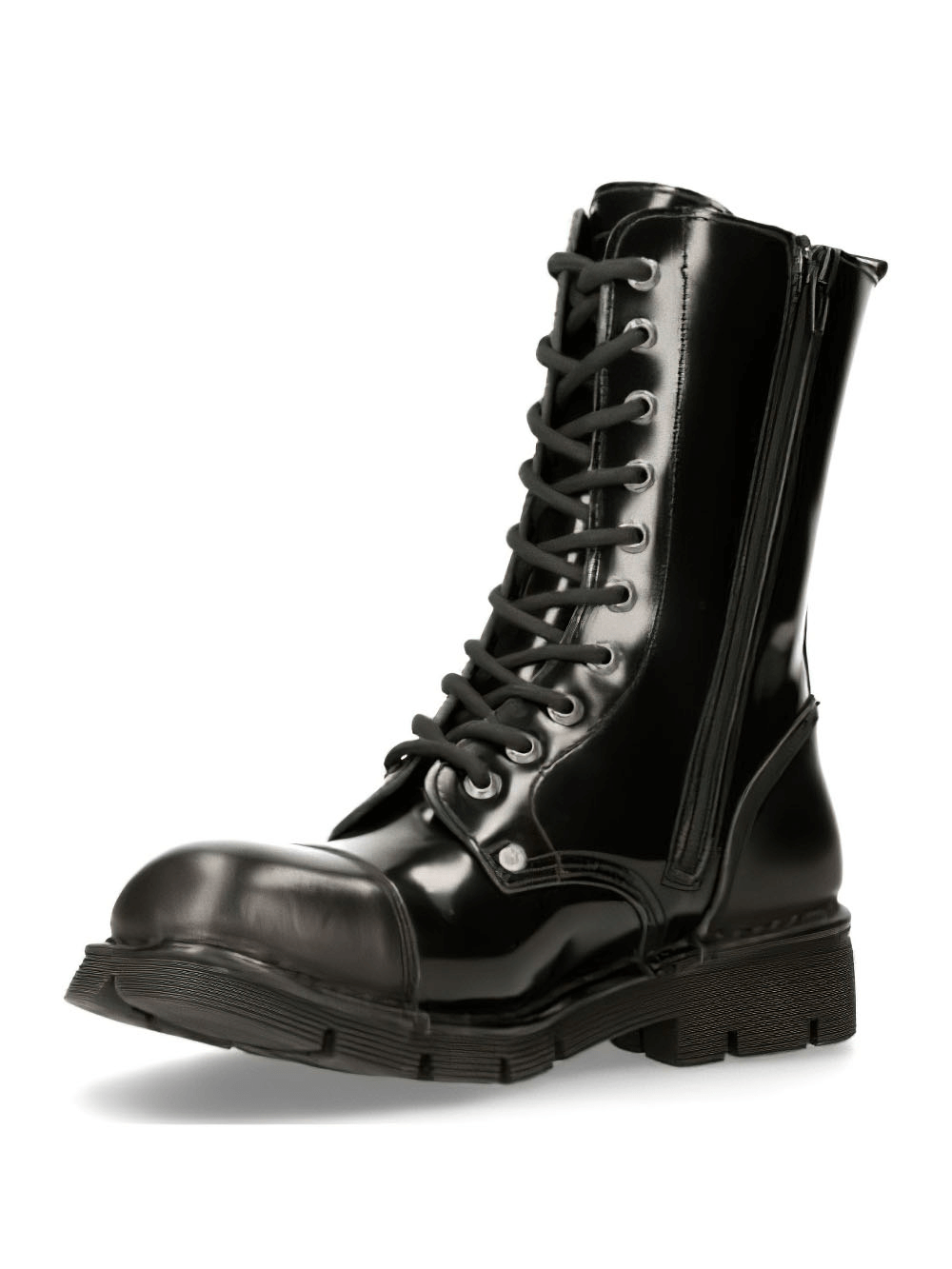 NEW ROCK Men's Black Lace-Up Military Style Ankle Boots in genuine leather for urban combat style.