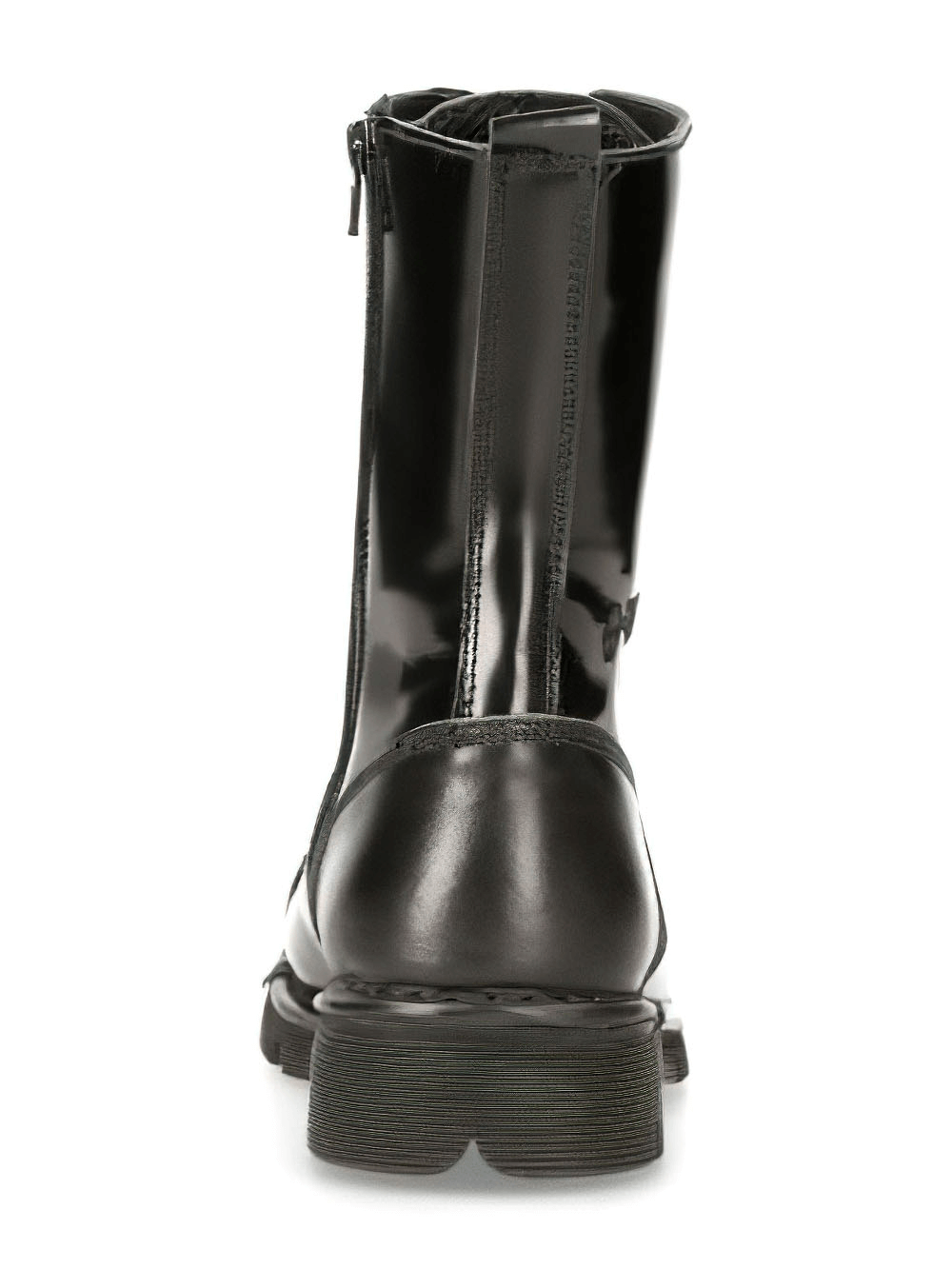 Back view of NEW ROCK Men's Black Lace-Up Military Style Ankle Boots in shiny black leather.
