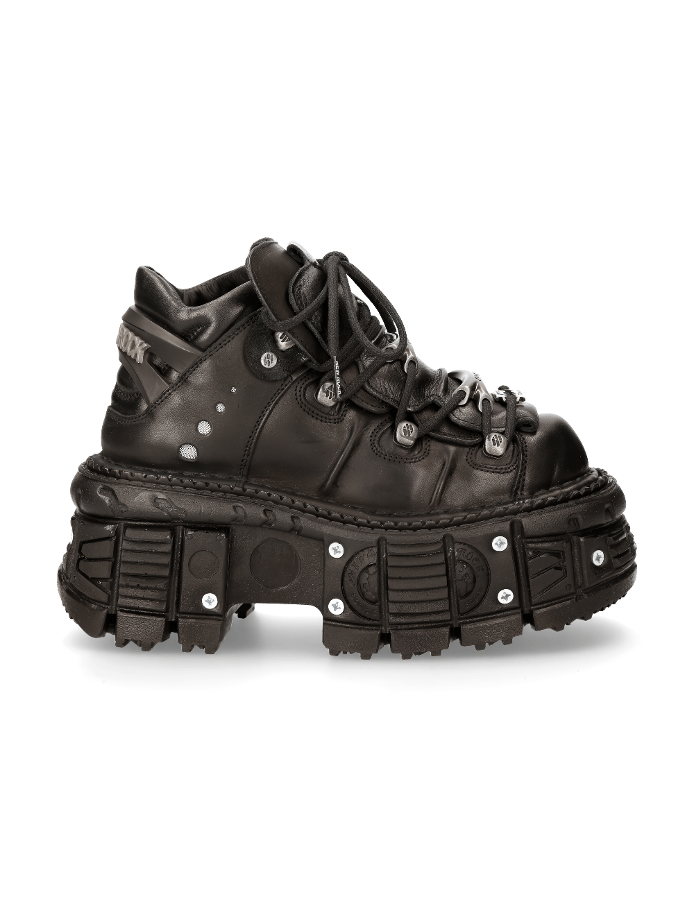 Stylish black leather ankle boots with a rugged platform and lace-up closure for punk rock enthusiasts.