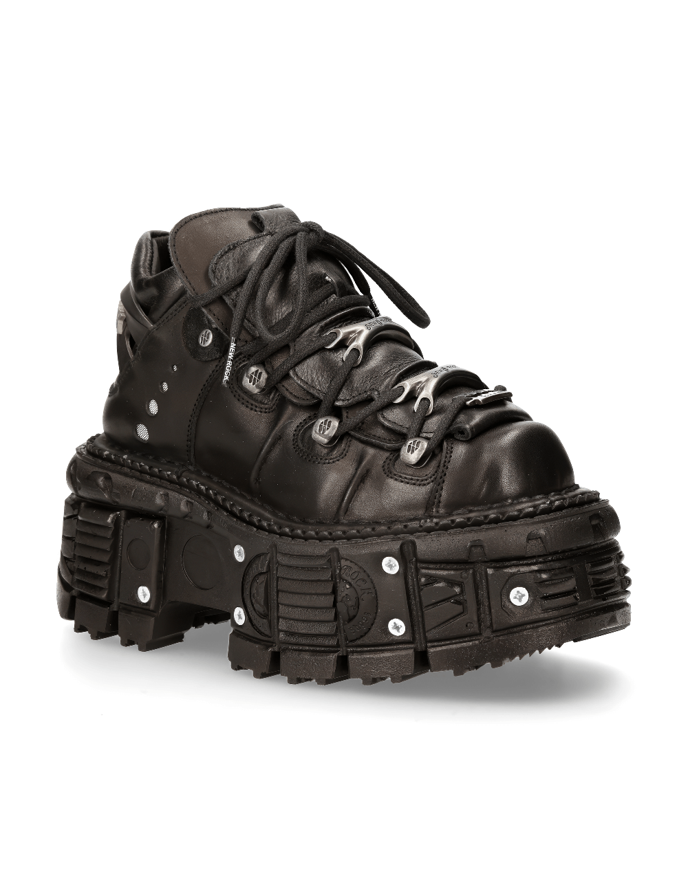 NEW ROCK black leather ankle boots with rugged platform and punk design for rock enthusiasts.