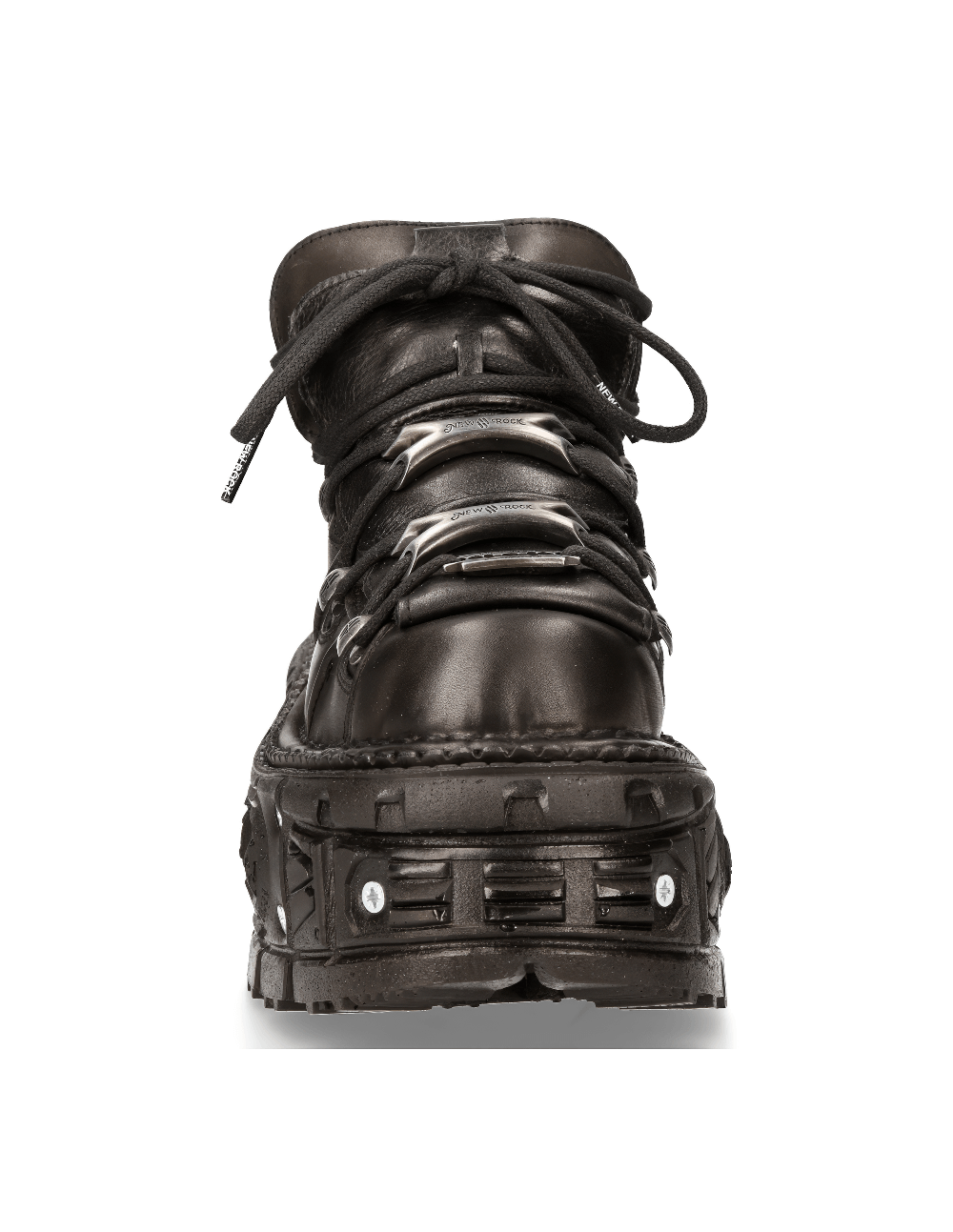 Front view of NEW ROCK Men's black leather ankle boots with rugged platform and lace-up closure.