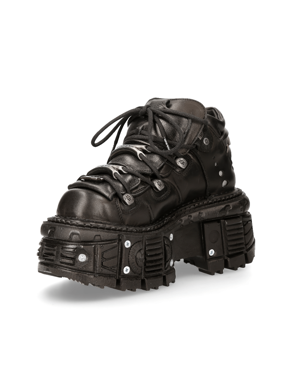 Men's black leather studded ankle boots with rugged platform and lace-up closure, perfect for rock enthusiasts.