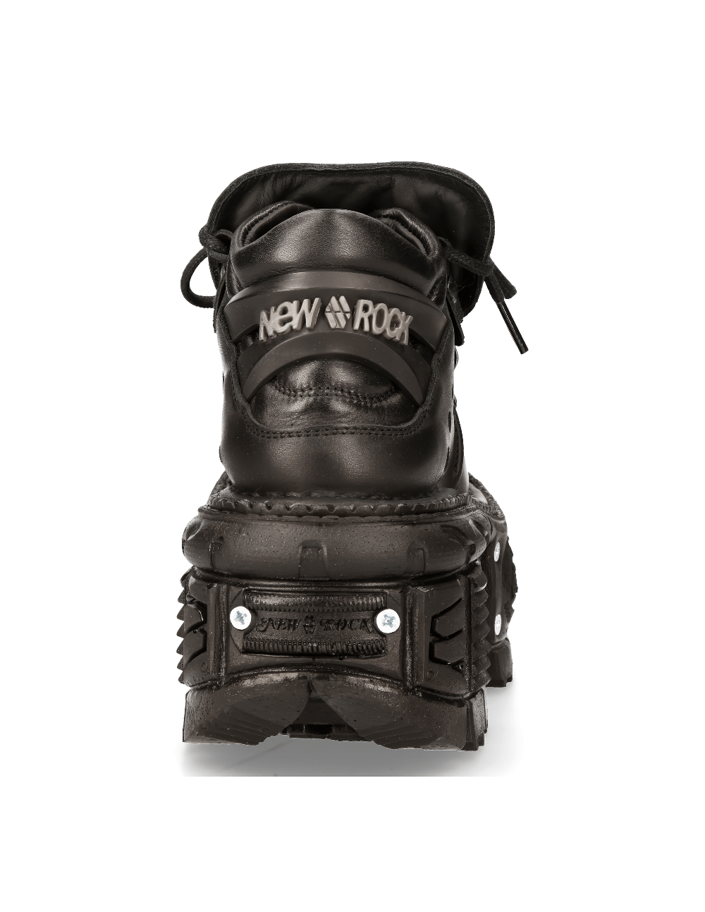 Back view of NEW ROCK men's black punk ankle boots with rugged platform and lace-up design.