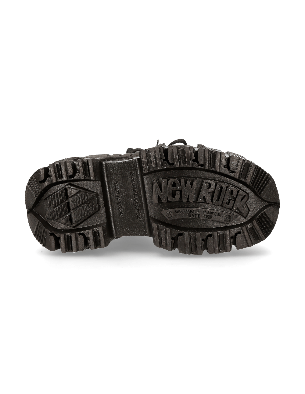 Bottom view of NEW ROCK Men's black leather ankle boots showcasing rugged platform and studded design.