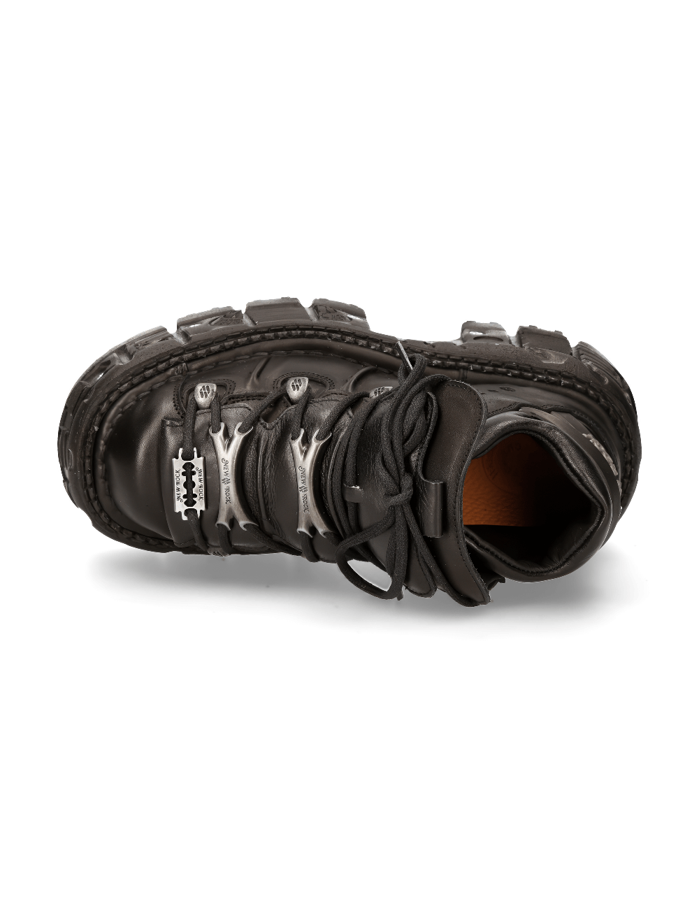 Top view of NEW ROCK men's black leather punk ankle boots with lace-up design and rugged details.