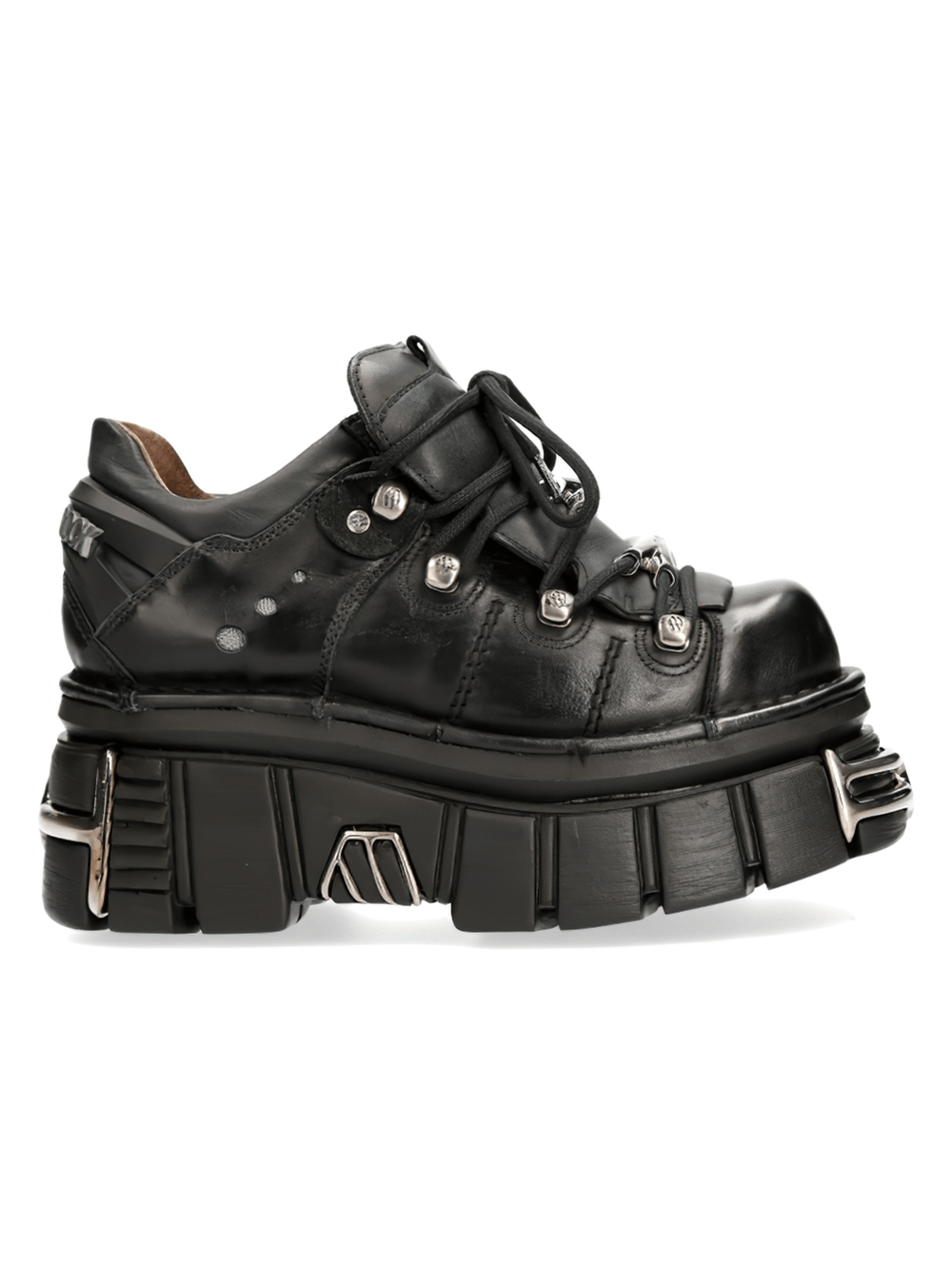 NEW ROCK Men's black leather ankle boots with metal details and unique platform design.