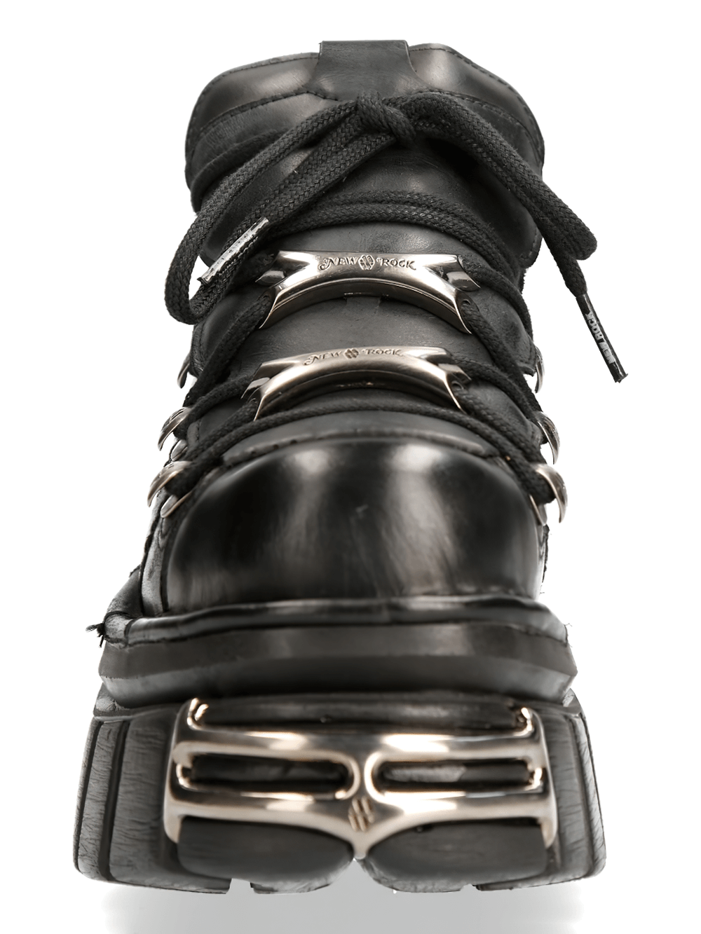 Stylish NEW ROCK black leather ankle boots with metal details and laces, perfect for an edgy rock look.