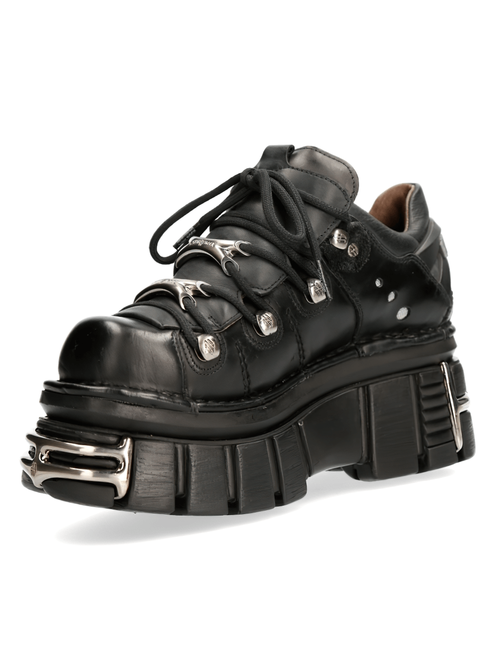 NEW ROCK men's black leather ankle boots featuring metal accents and unique platform design.