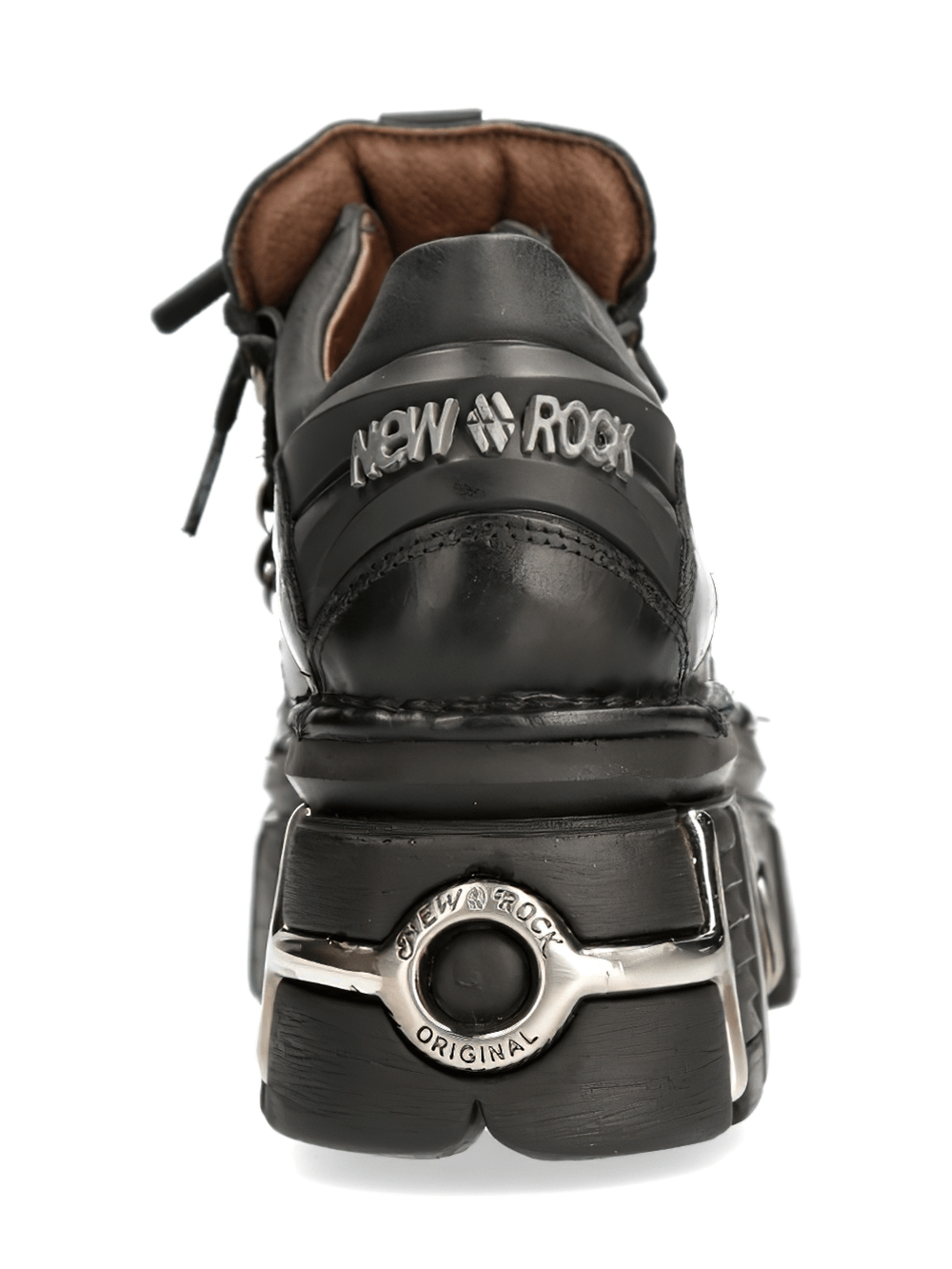 Back view of NEW ROCK Men's Black Leather Ankle Boots featuring metal details and logo accents.
