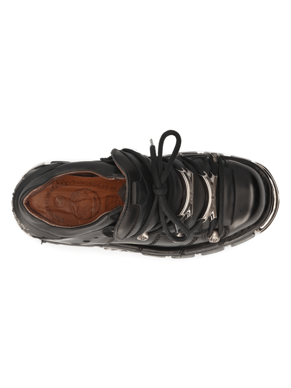 Top view of NEW ROCK black leather ankle boots with metal accents and laces, showcasing edgy rock style.