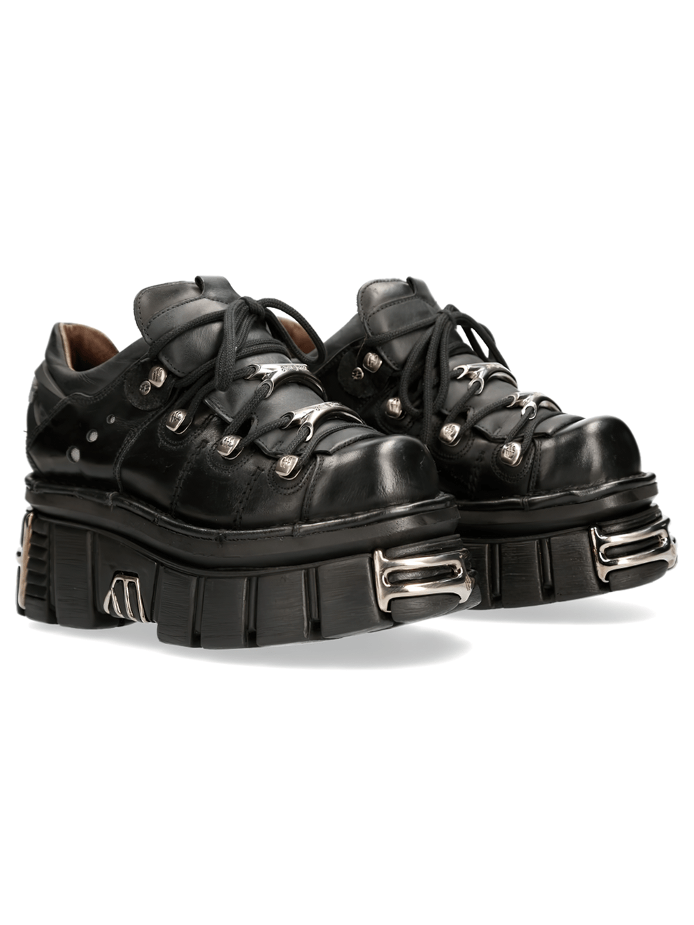 New Rock men's black leather ankle boots with metal accents and platform design.