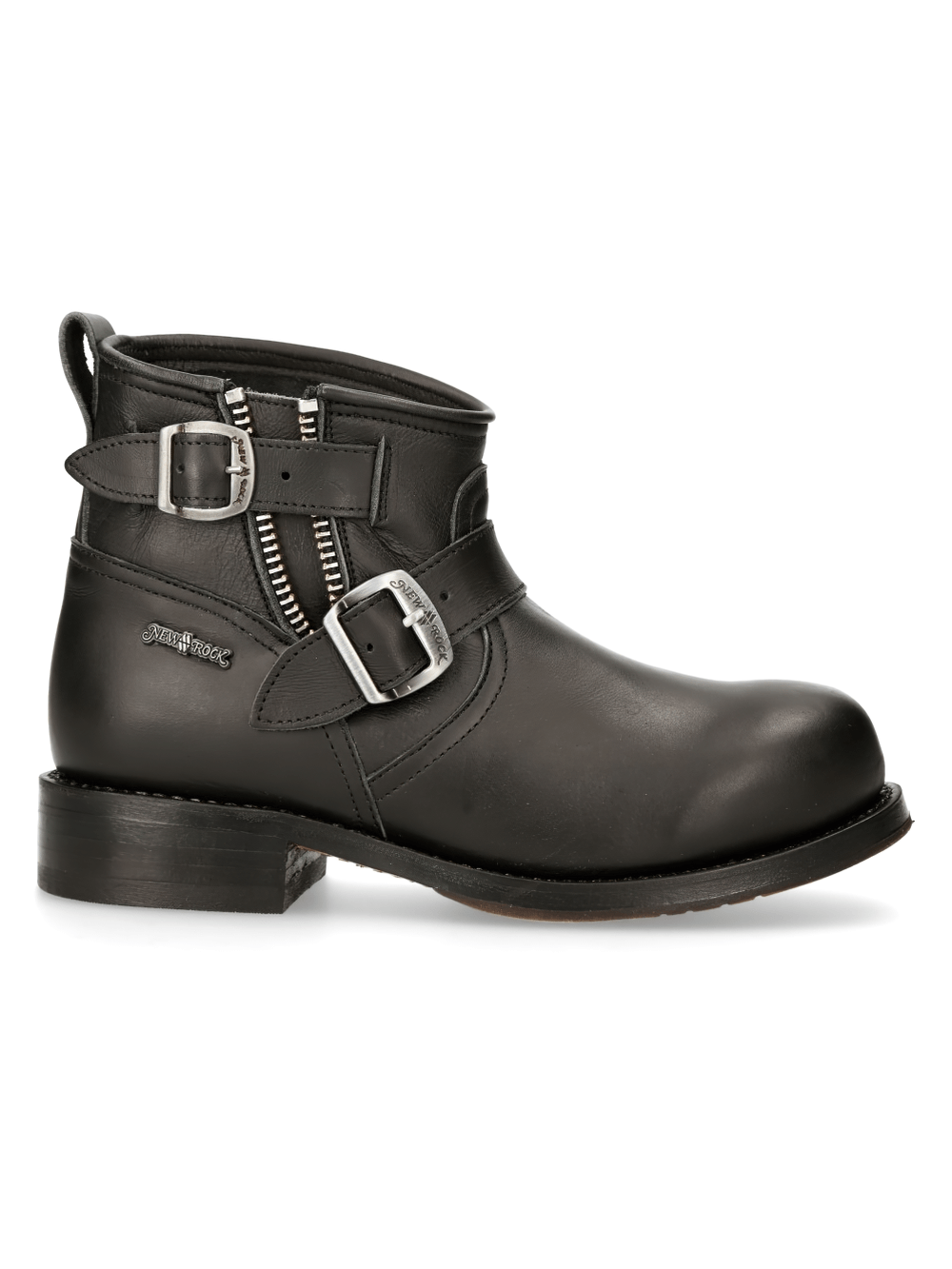 Trendy black leather ankle boots with zipper and buckle details from NEW ROCK, perfect for stylish outfits.