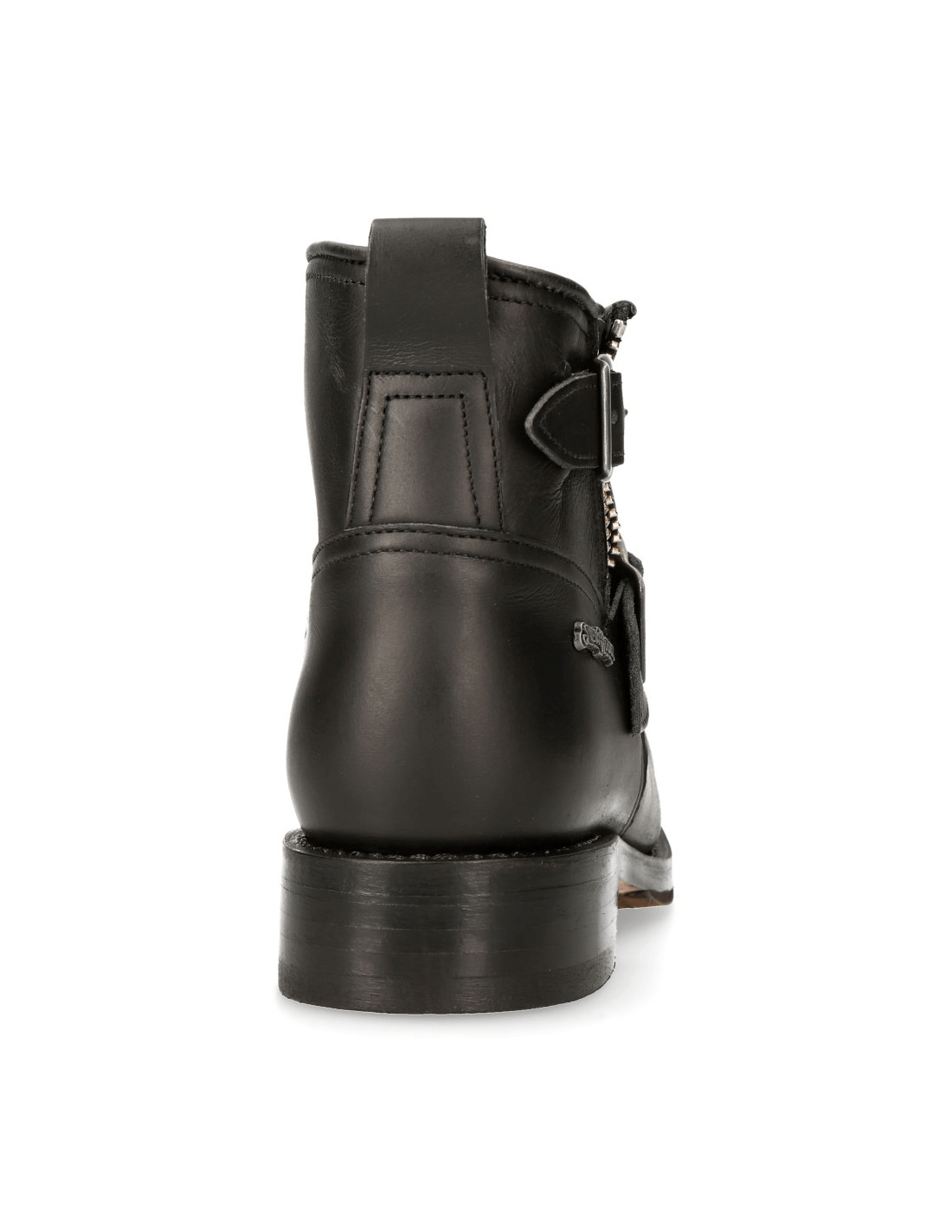 Back view of NEW ROCK black leather ankle boots featuring zipper detail and a sturdy heel.