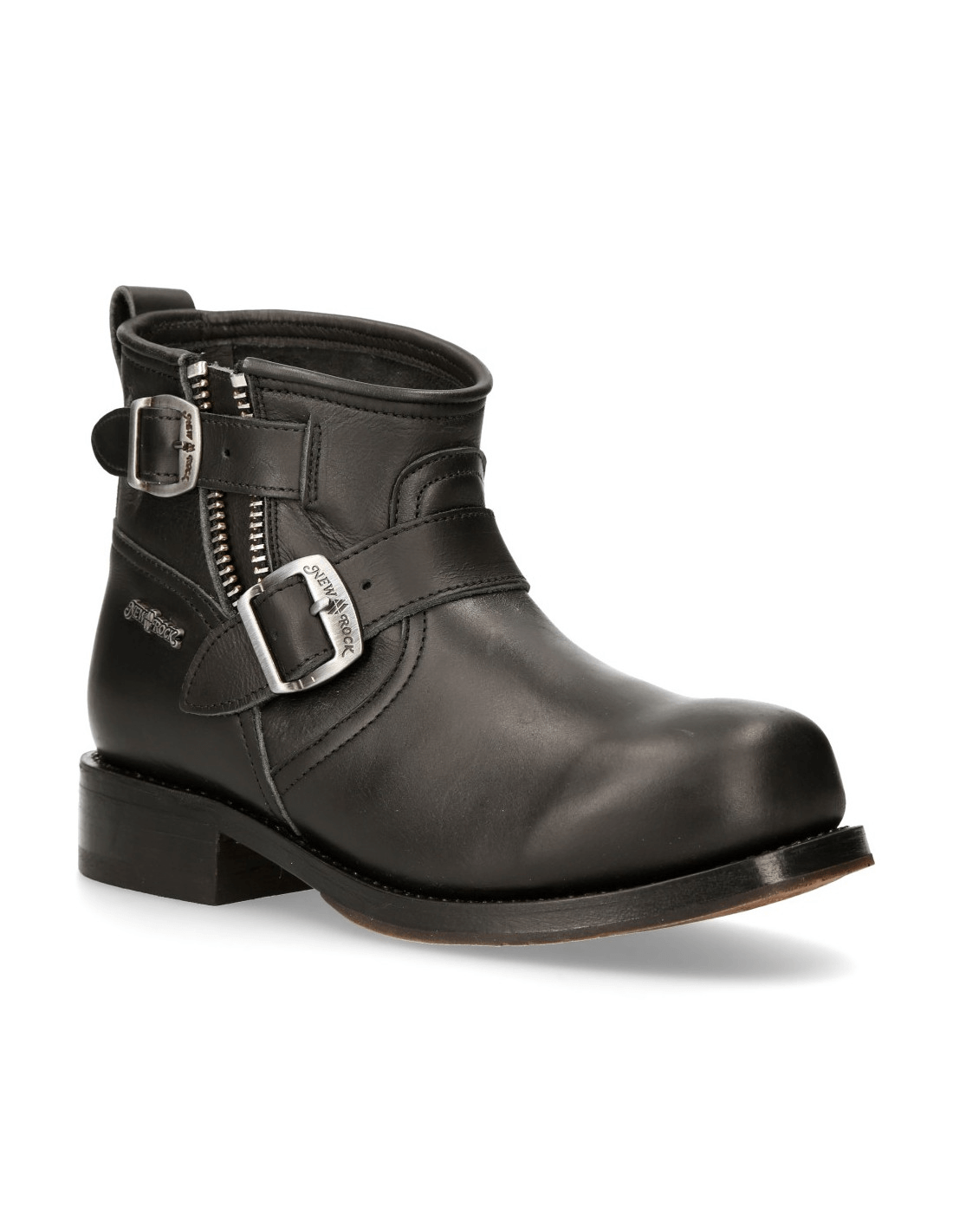Stylish black leather ankle boots with buckle and zipper detail, featuring a sturdy sole and classic design.