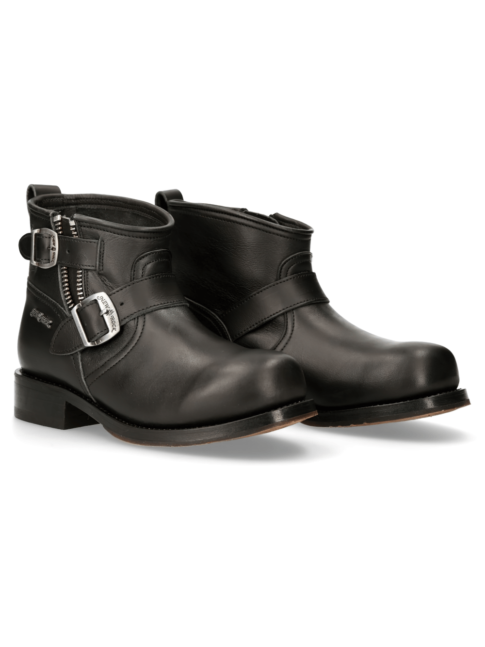 NEW ROCK Black Leather Ankle Boots featuring zipper detail and buckle for stylish comfort.