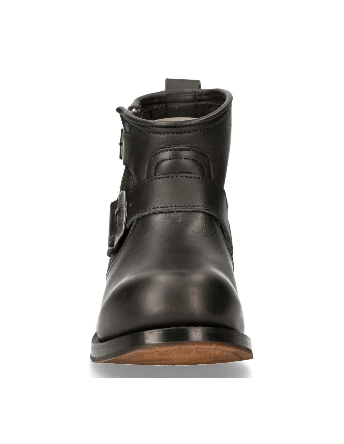 Front view of stylish black leather ankle boots with zipper detail and a sturdy rubber sole.