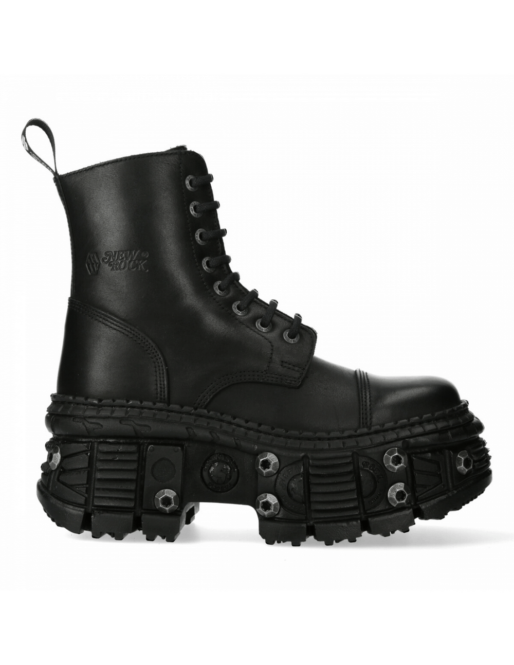 NEW ROCK Black Leather Ankle Platform Boots showcasing a bold military design with lace-up and zipper detail.