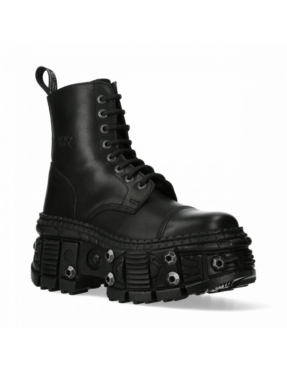 NEW ROCK unisex black leather ankle platform boots with zipper and military design, perfect for urban rock style.