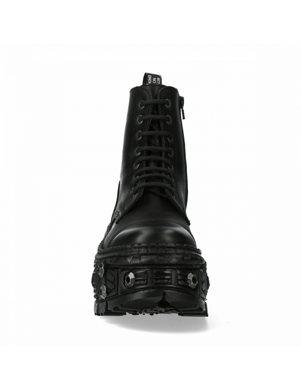 NEW ROCK Black Leather Ankle Platform Boots with Zipper showing front view, featuring bold military design and unique platform.