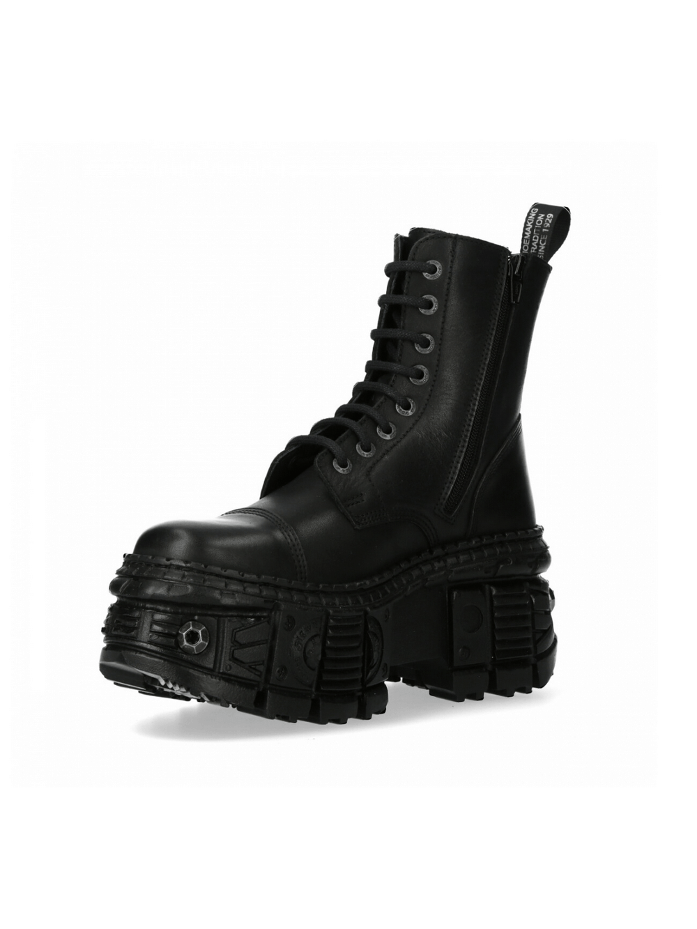 NEW ROCK black leather ankle platform boots featuring lace-up design and zipper, perfect for an edgy urban look.