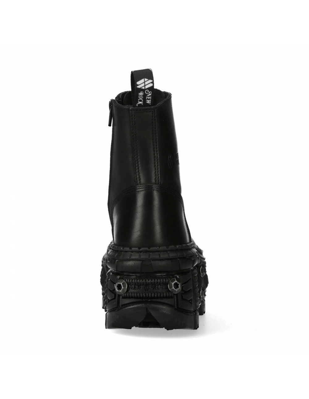 Back view of NEW ROCK black leather ankle platform boots with zipper, showcasing bold military design and chunky sole.