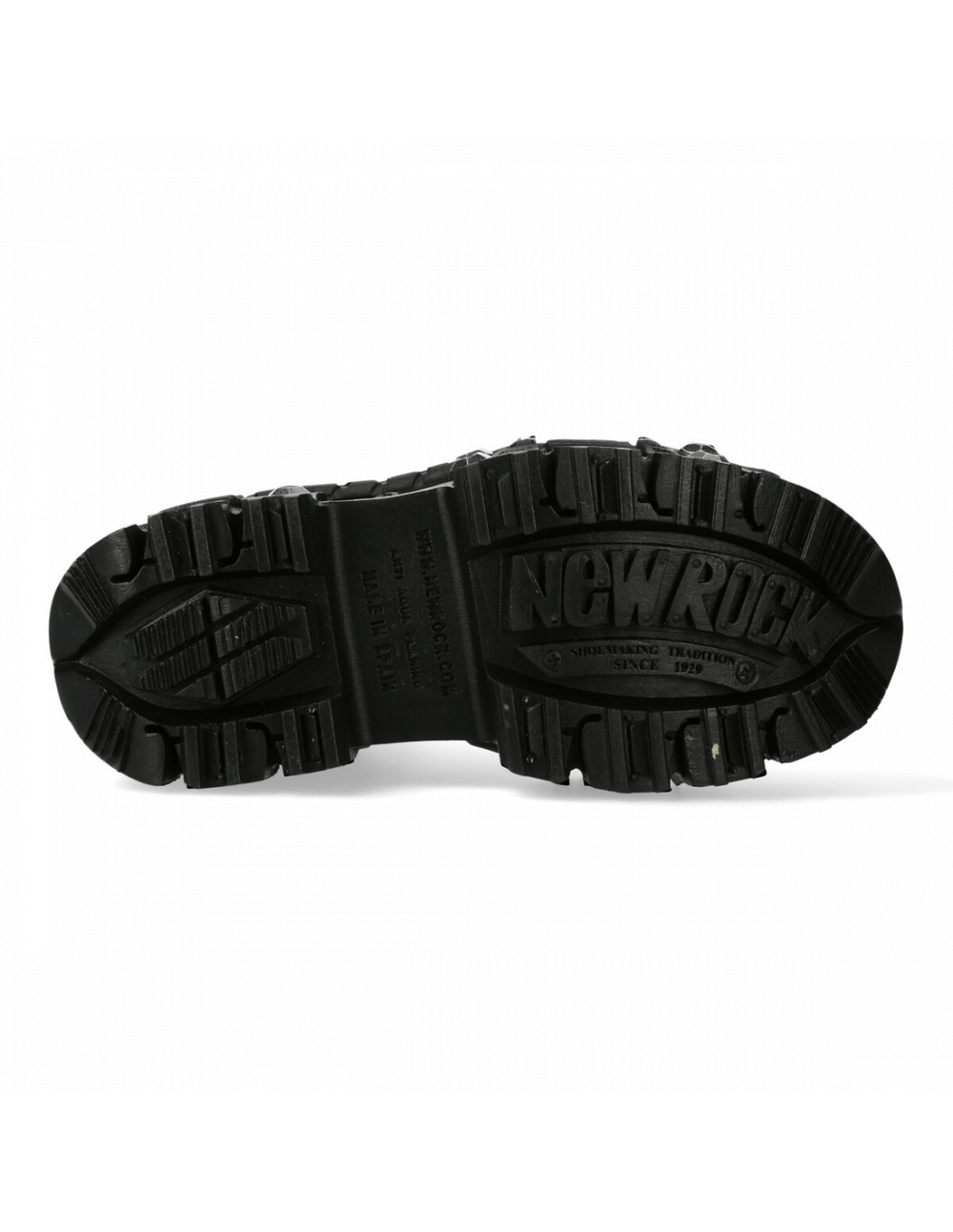 Bottom view of NEW ROCK black leather ankle platform boots showcasing durable tread and iconic design.