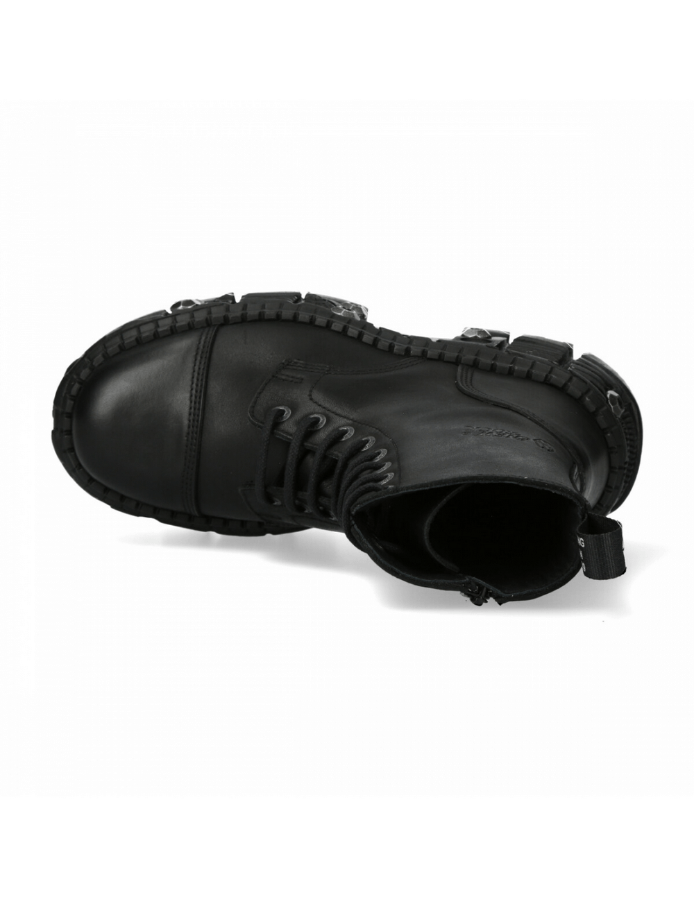 Top view of NEW ROCK black leather ankle platform boots featuring zipper and lace-up design.